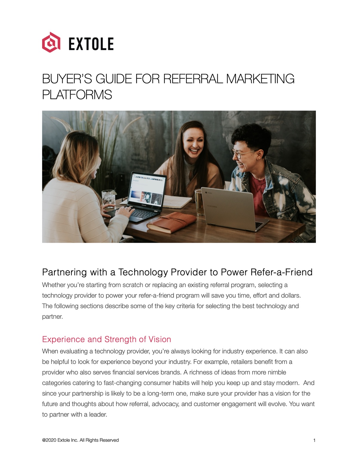 Cover of Extole's Buyer’s Guide for Referral Marketing Platforms, showing three people laughing together over laptops