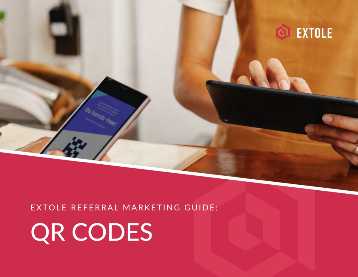 A shopper holds a phone showing a QR code beside a store employee with a tablet, on the cover of Extole's QR codes referral marketing guide