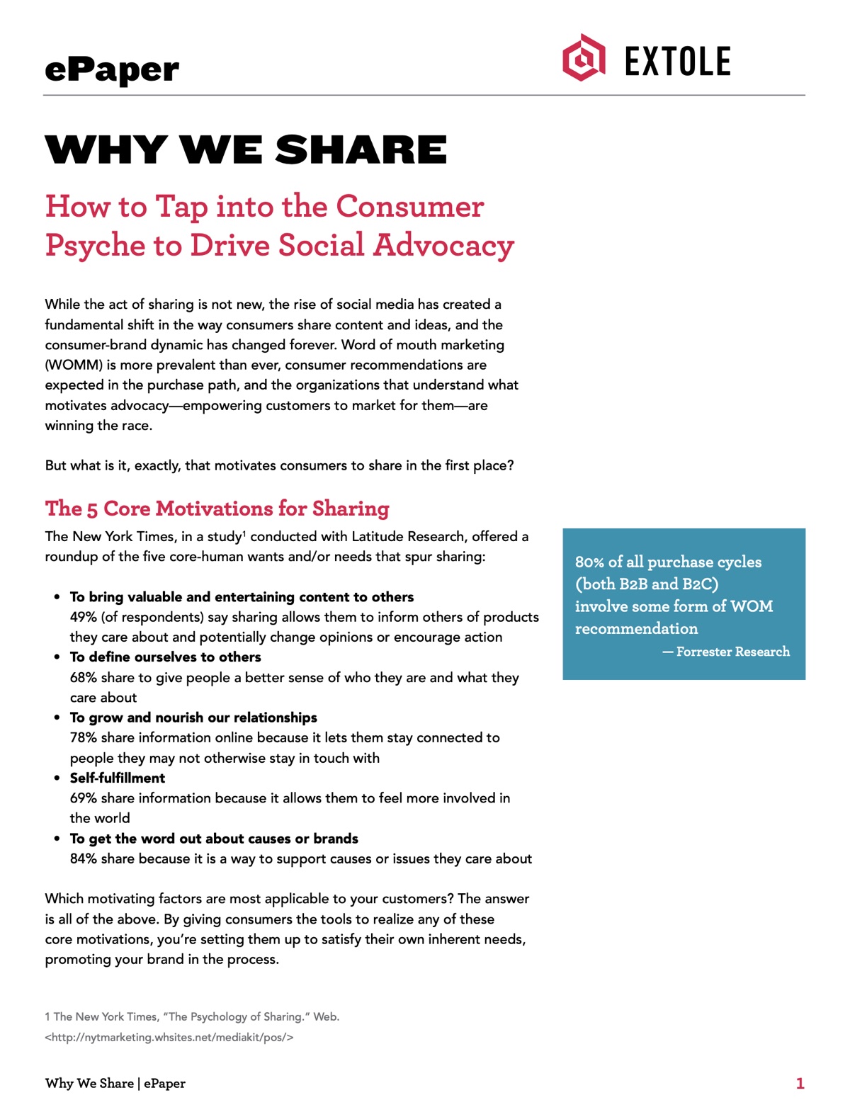 First page of the Extole ePaper Why We Share, How to Tap into the Consumer Psyche to Drive Social Advocacy