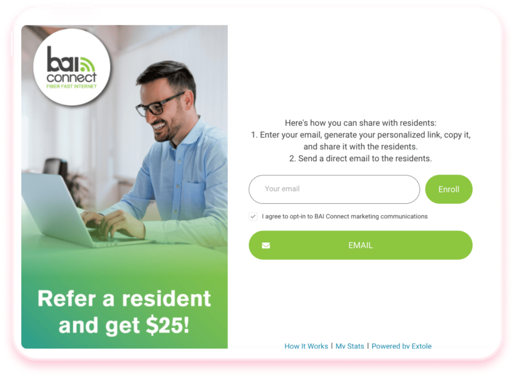 BAI Connect's reward program for Telecom referrals from Property Managers and neighbors